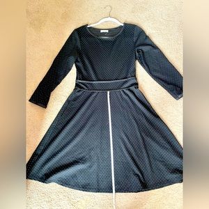 Max Studio dress, black with white pinpoints and leather accent. Size S.